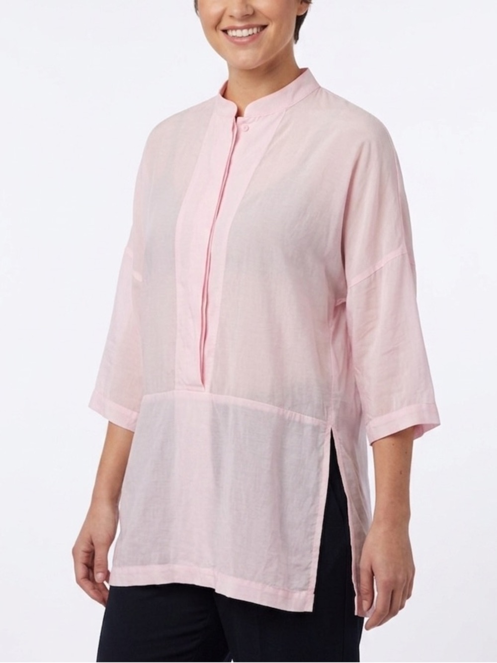 J. CREW Pale Pink Semi Sheer Silk Tunic Blouse Hidden Buttons V Neck Size Small